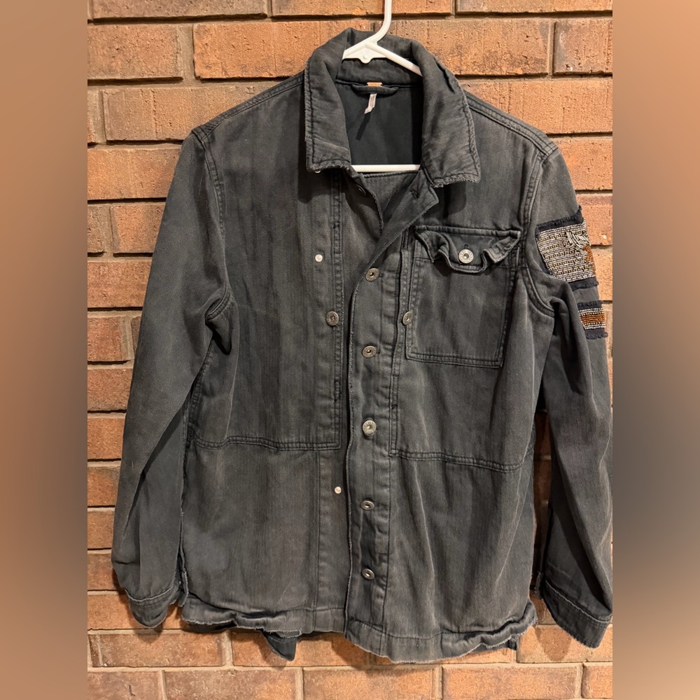 Free People Washed Charcoal black military embellished shacket small S